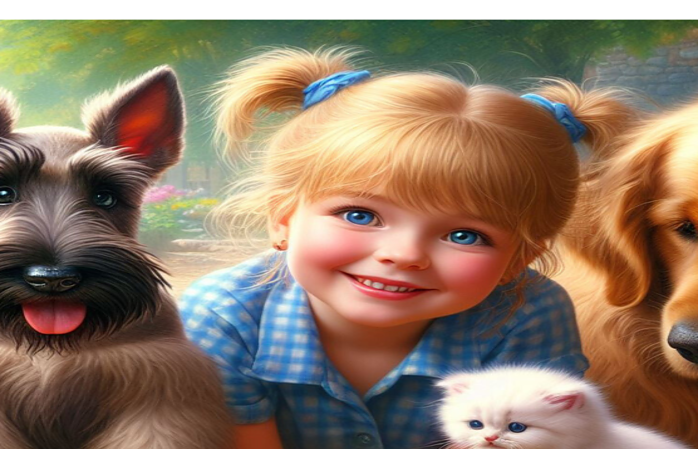 girl kitten scotish terrier and golden retriever