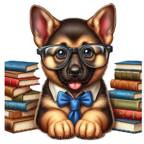 german shepherd pup and books